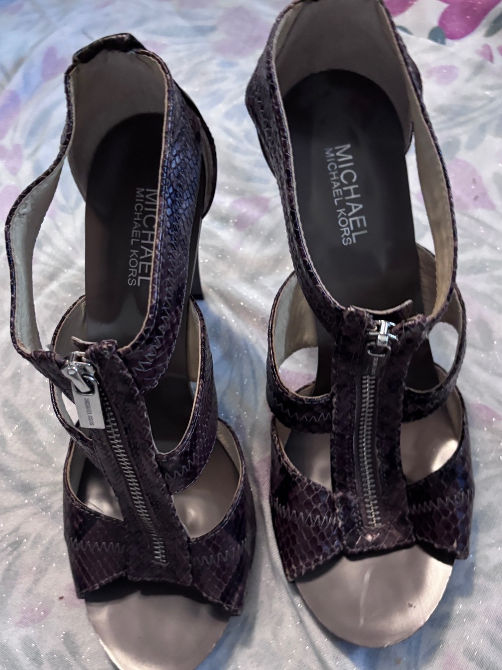 MICHAEL Michael Kors Purple Snake-Embossed Zip Front Stiletto Sandals